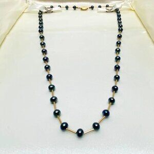 Vintage 14k Gold 5mm Black Pearl Station Necklace 18" Rare 7g Whitehall Jewelers